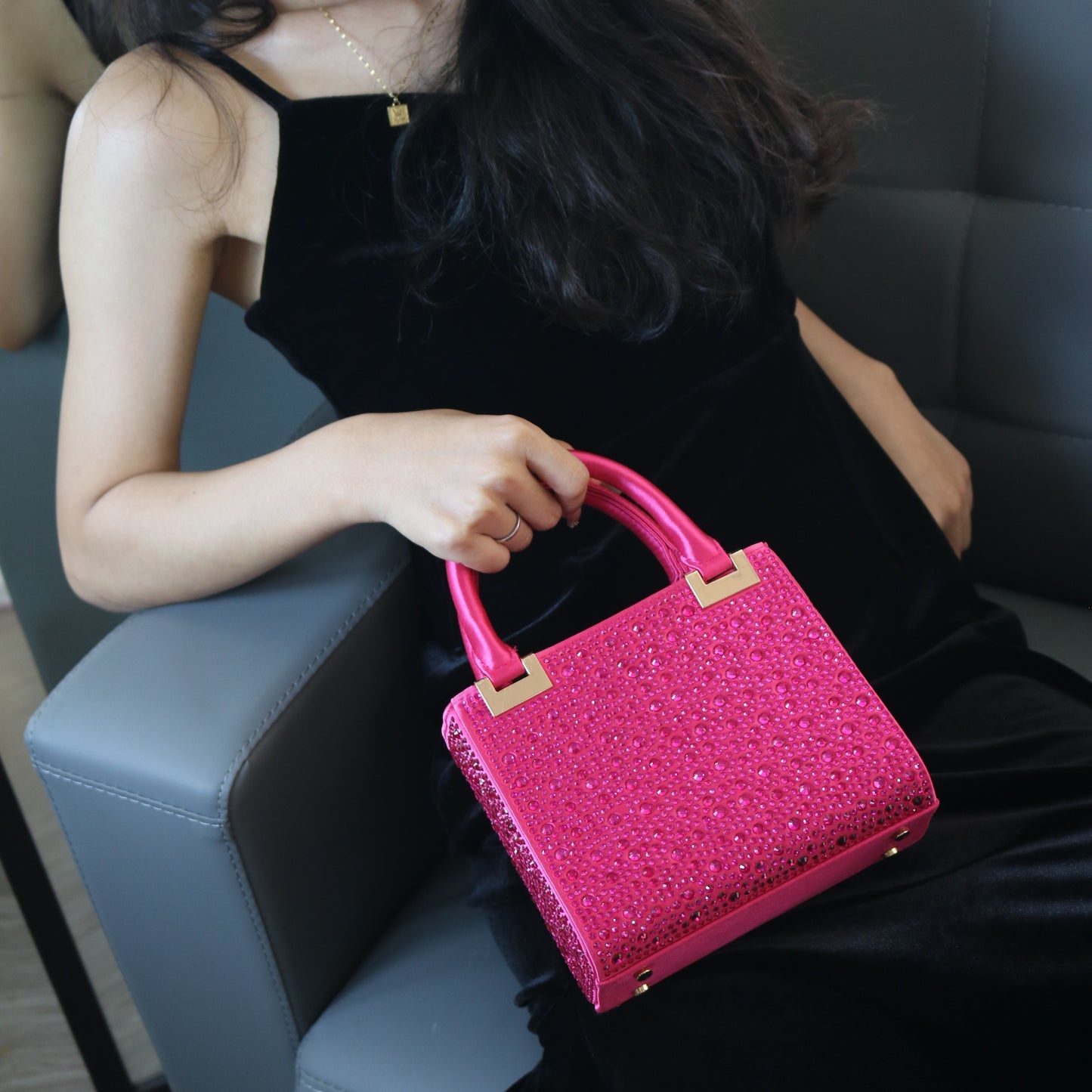 [Trending] Elegant Rhinestone Square Evening Clutch - Perfect for Weddings, Proms & Formal Events - Magenta with Polyester Lining