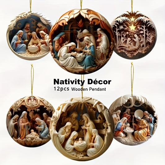 [Trending] 12pcs Handcrafted Wooden Nativity Scene Set - Full Moon Design Christmas Ornaments for Tree, Home & Holiday Decor